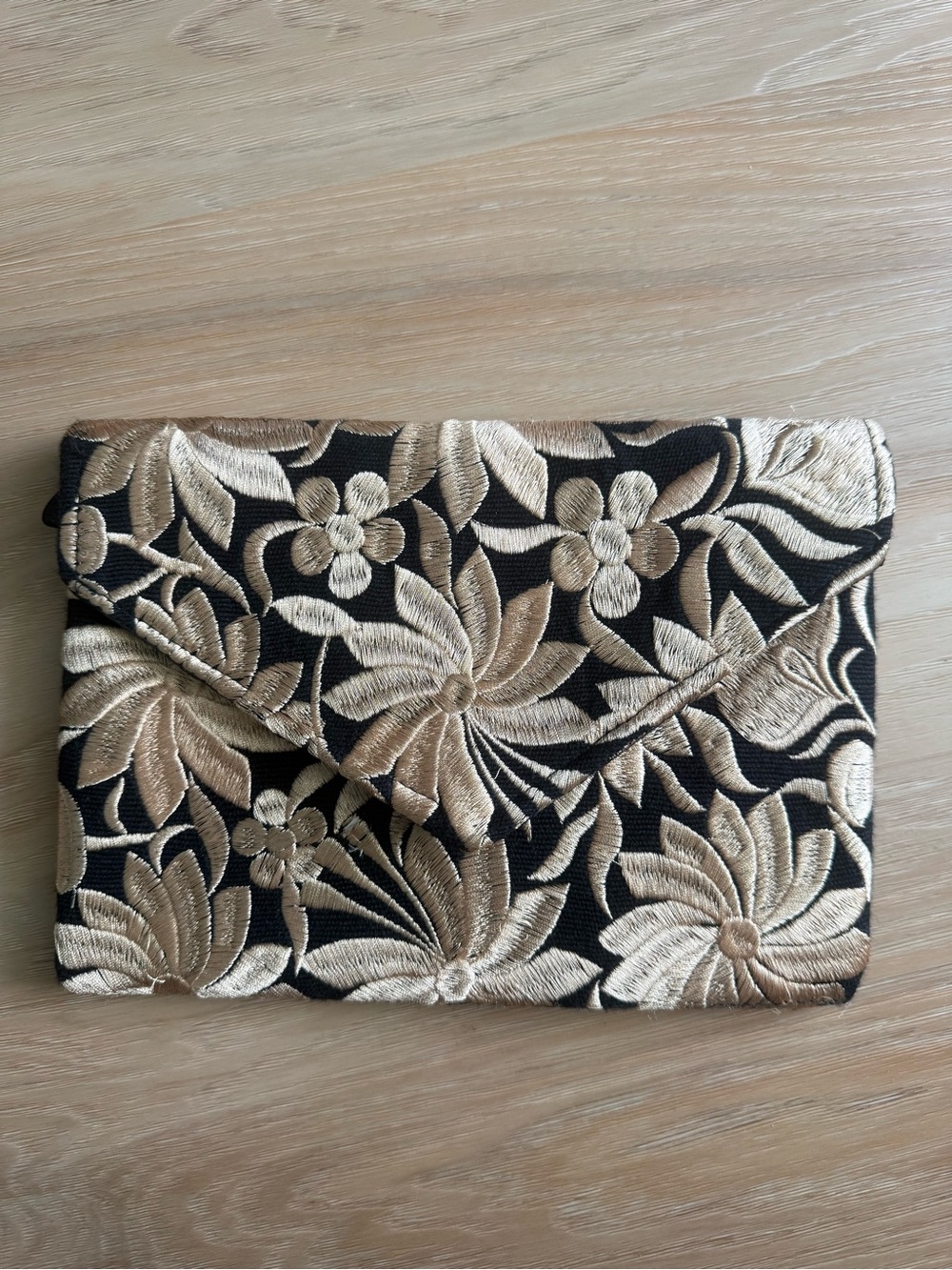 Embroidered Floral Envelope Clutch in Black and Gold